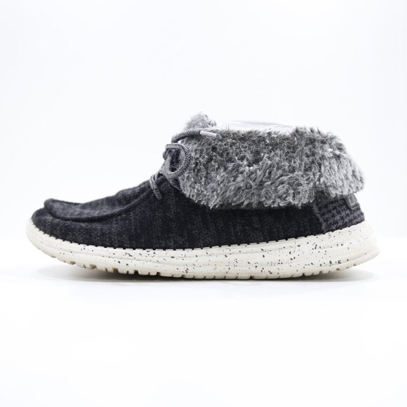 Hey Dude Britt Black Knit Fold-Over Faux-Fur Trim Ankle Boots - Women's 9 - Picture 1 of 7